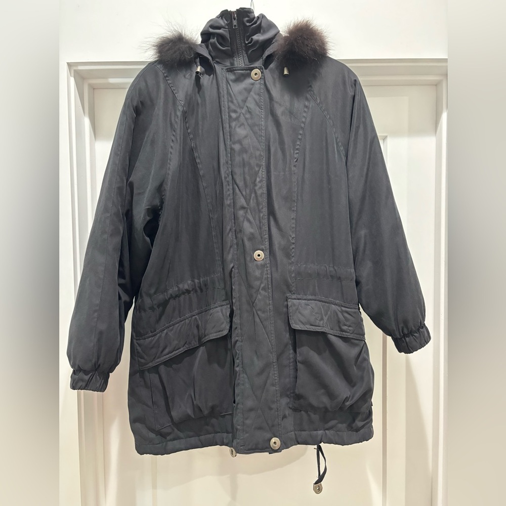 London Fog Black Raincoat with Fur Trim